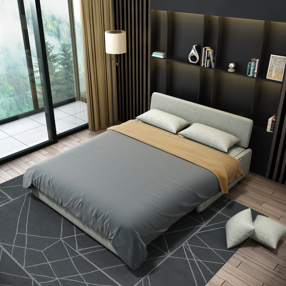 Bambillo Citta Armless Sofa Bed With Headboard in light grey fabric colour, showing bed configuration with dark grey doona on bed and two light grey pillows