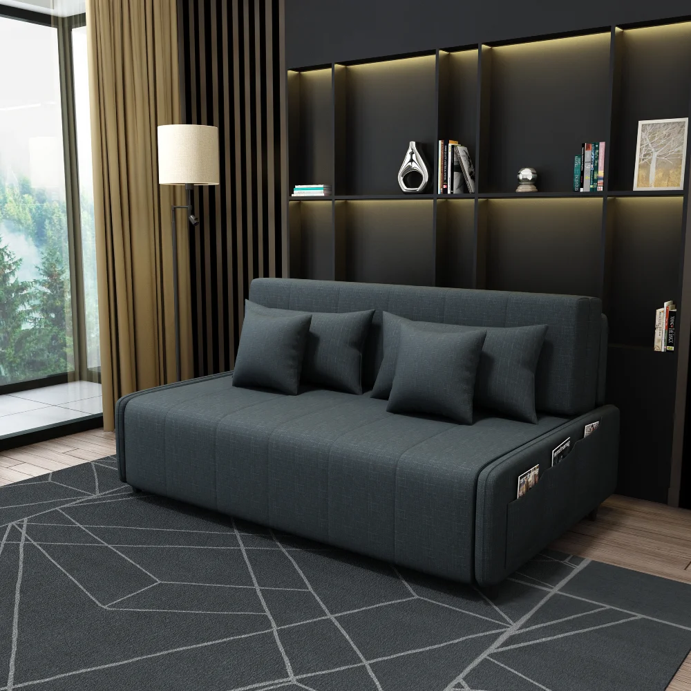 Bambillo Citta Armless Sofa Bed With Headboard in charcoal fabric colour, showing sofa configuration with headrest in sofa position