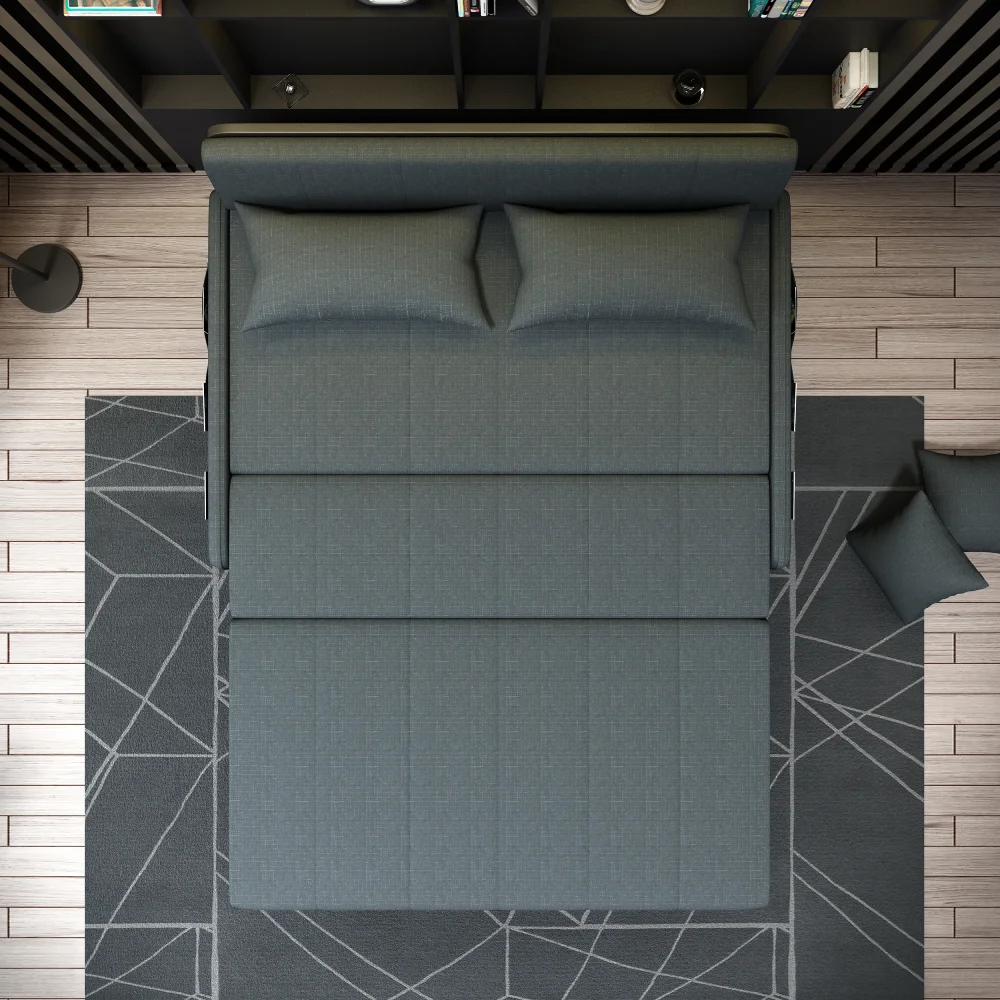 Bambillo Citta Armless Sofa Bed With Headboard in charcoal fabric colour, showing overhead view in bed configuration with headrest folded down