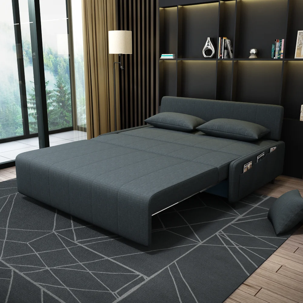 Bambillo Citta Armless Sofa Bed With Headboard in charcoal fabric colour, showing bed configuration with headrest folded down