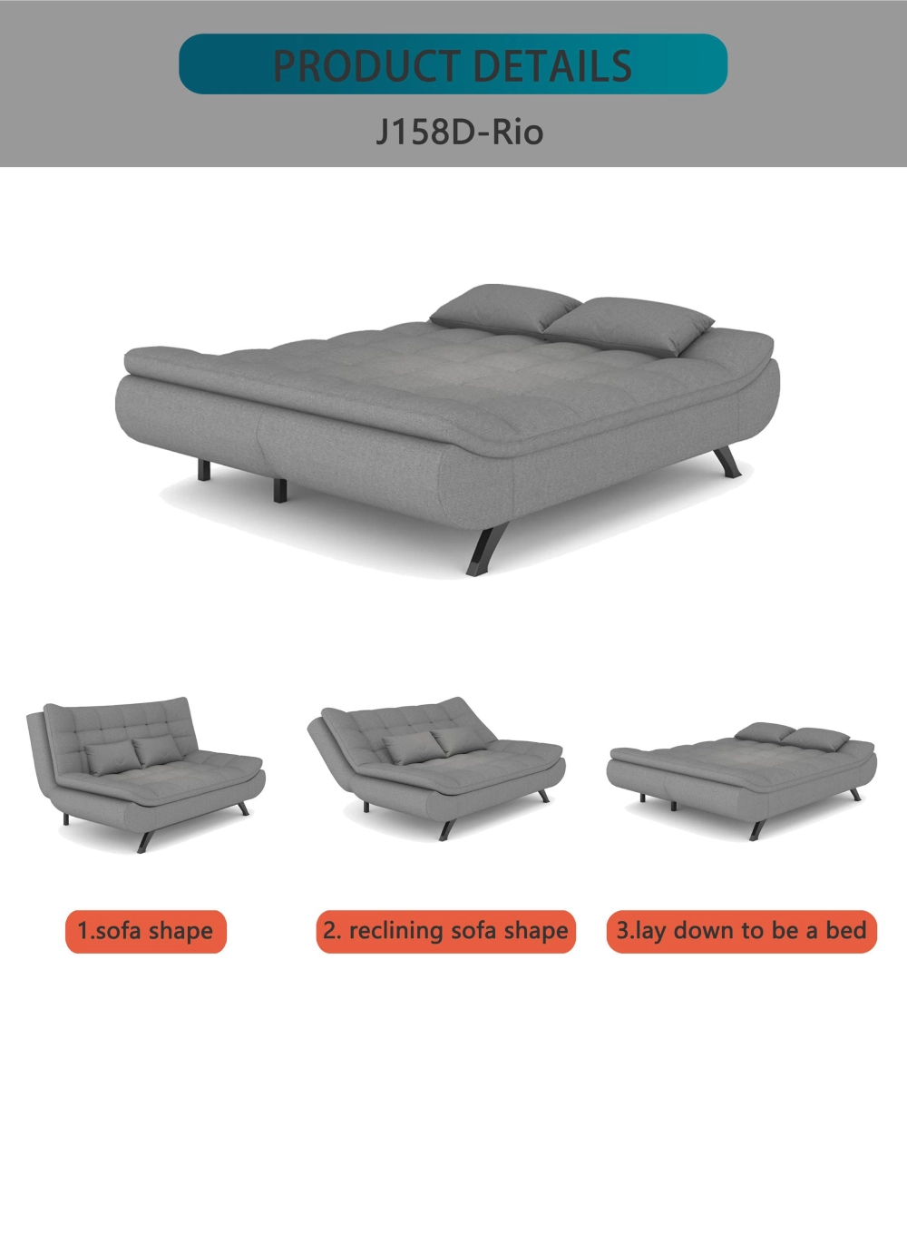 Bambillo Rio Click Back Sofa Bed showing each configuration the sofa bed can be in