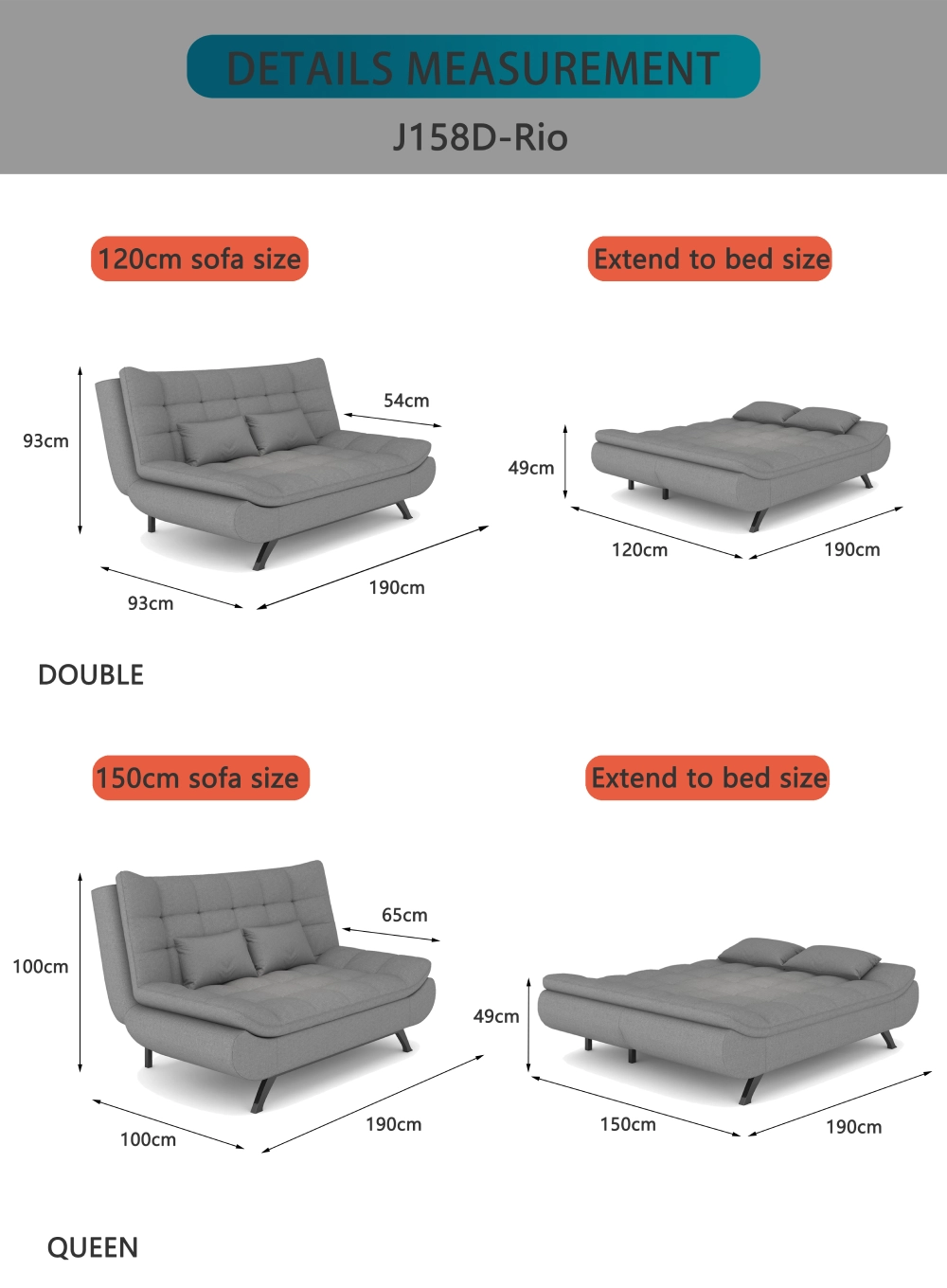Bambillo Rio Click Back Sofa Bed size diagram showing each size with measurements