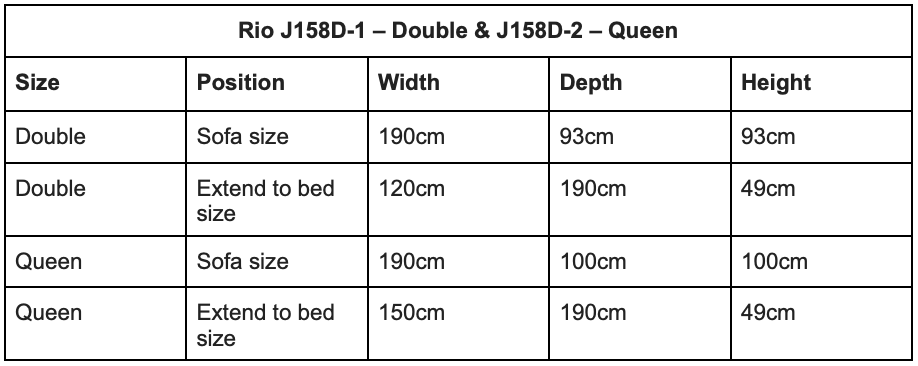 Bambillo Rio Click Back Sofa Bed size chart with each size and measurements