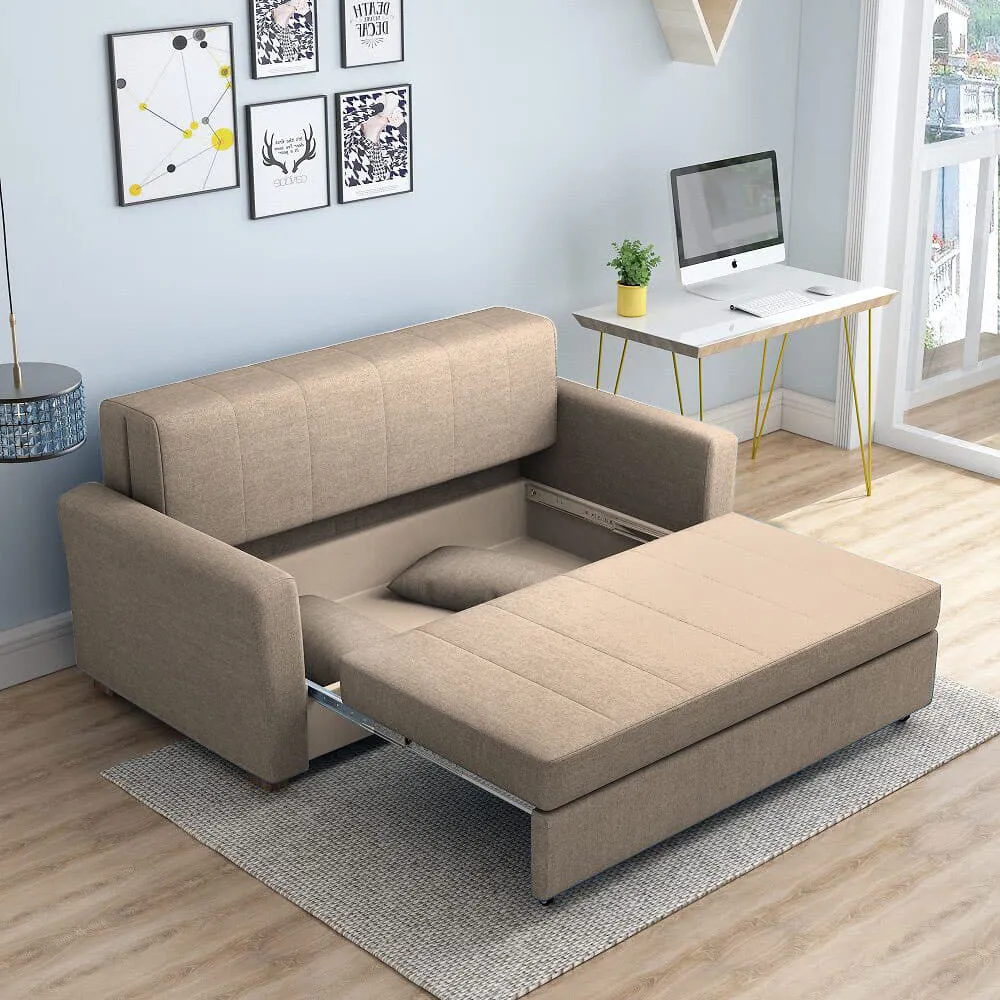 Bambillo Milano Sofa Bed with arms in beige fabric colour, showing seat pulled out to show hidden storage under seat and headrest in sofa position
