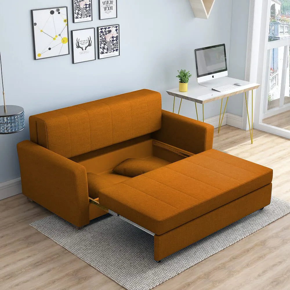 Bambillo Milano Sofa Bed with arms in burnt orange fabric colour, showing seat pulled out to show hidden storage under seat and headrest in sofa position