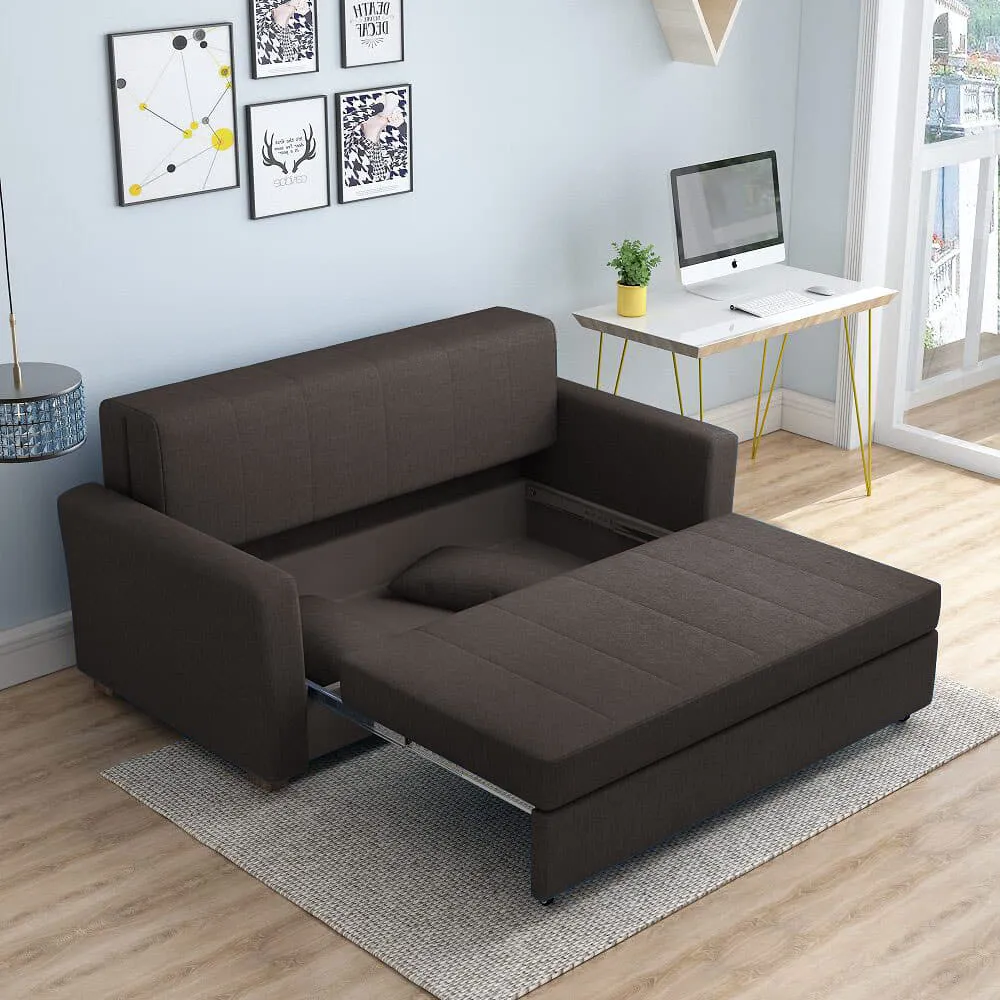 Bambillo Milano Sofa Bed with arms in charcoal fabric colour, showing seat pulled out to show hidden storage under seat and headrest in sofa position