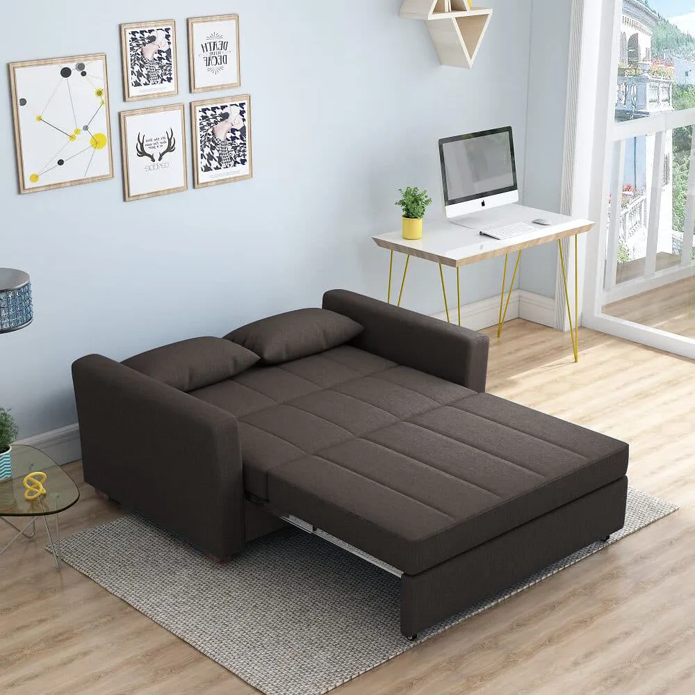 Bambillo Milano Sofa Bed with arms in charcoal fabric colour, showing bed configuration with headrest folded down