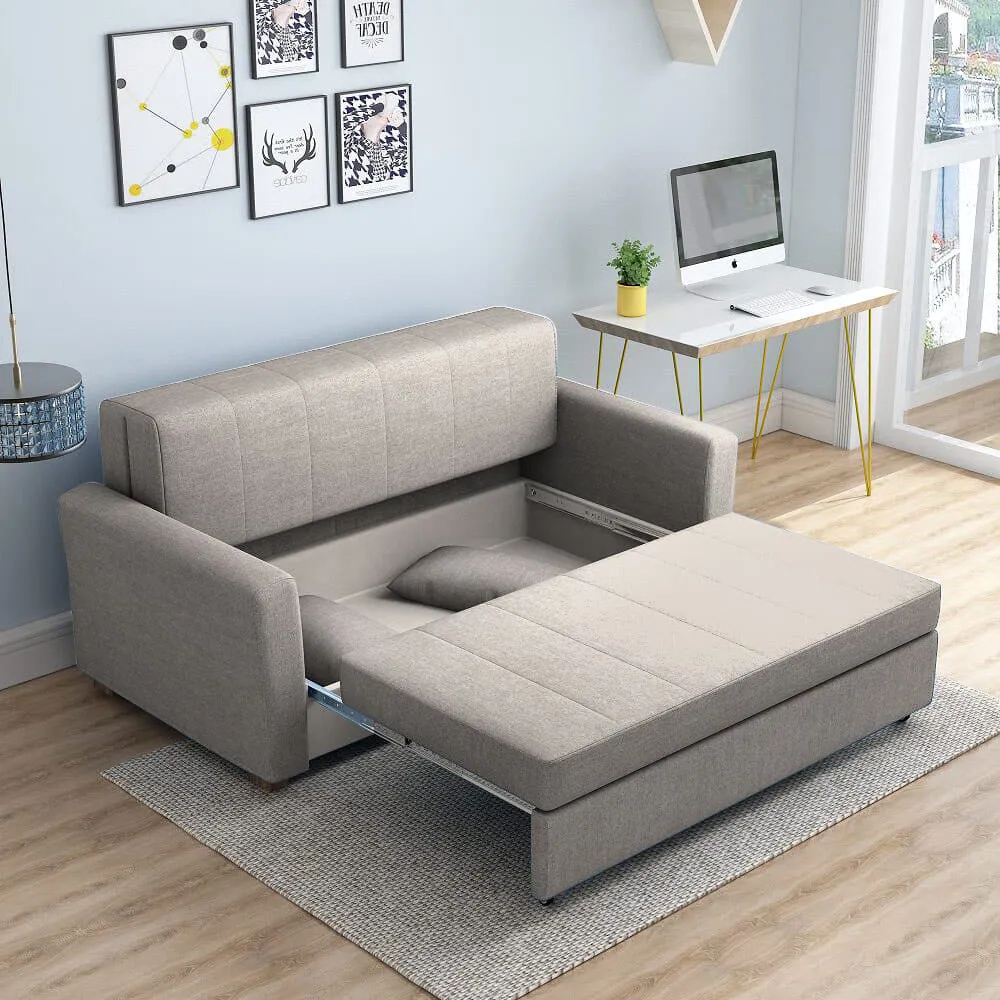 Bambillo Milano Sofa Bed with arms in marl grey fabric colour, showing seat pulled out to show hidden storage under seat and headrest in sofa position