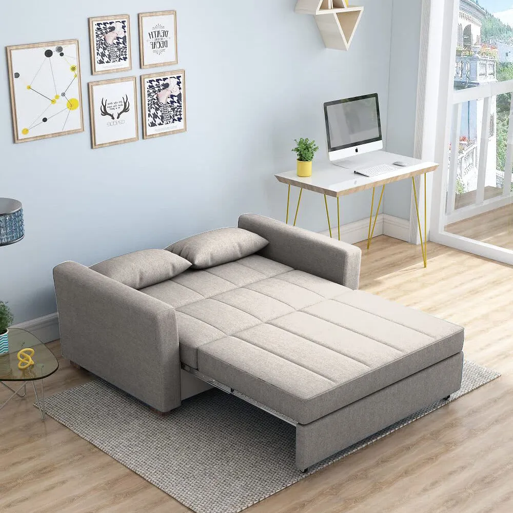 Bambillo Milano Sofa Bed with arms in marl grey fabric colour, showing bed configuration with headrest folded down