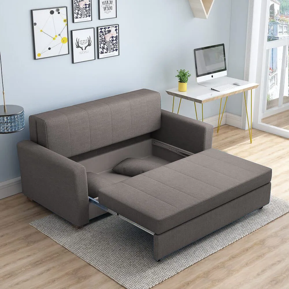 Bambillo Milano Sofa Bed with arms in mid-dark fabric colour, showing seat pulled out to show hidden storage under seat and headrest in sofa position