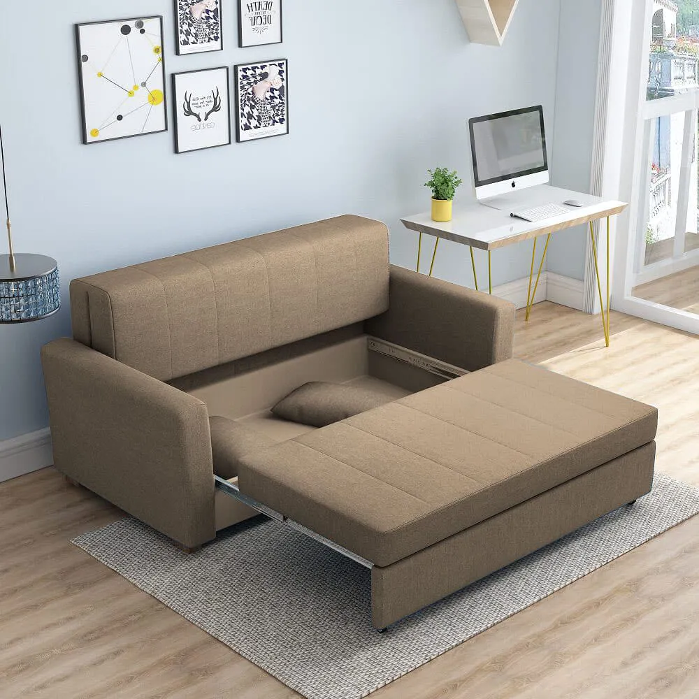 Bambillo Milano Sofa Bed with arms in mocha brown fabric colour, showing seat pulled out to show hidden storage under seat and headrest in sofa position