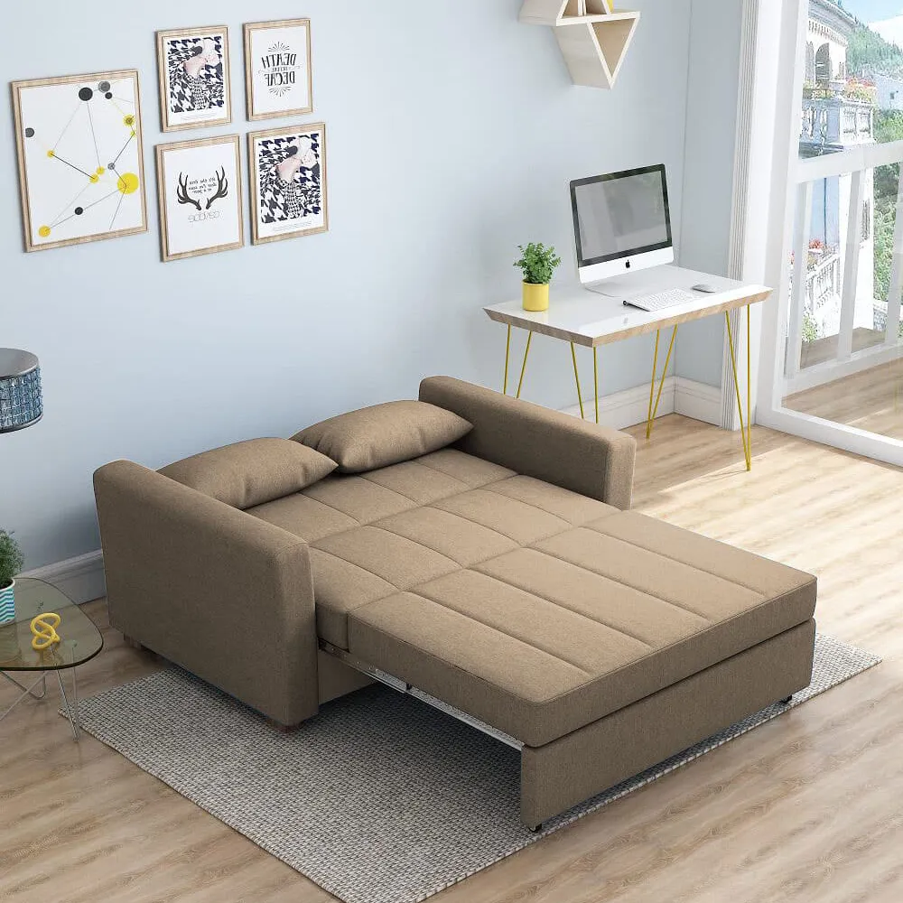 Bambillo Milano Sofa Bed with arms in mocha brown fabric colour, showing bed configuration with headrest folded down