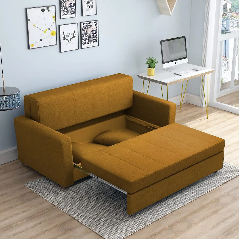 Bambillo Milano Sofa Bed with arms in mustard fabric colour, showing seat pulled out to show hidden storage under seat and headrest in sofa position