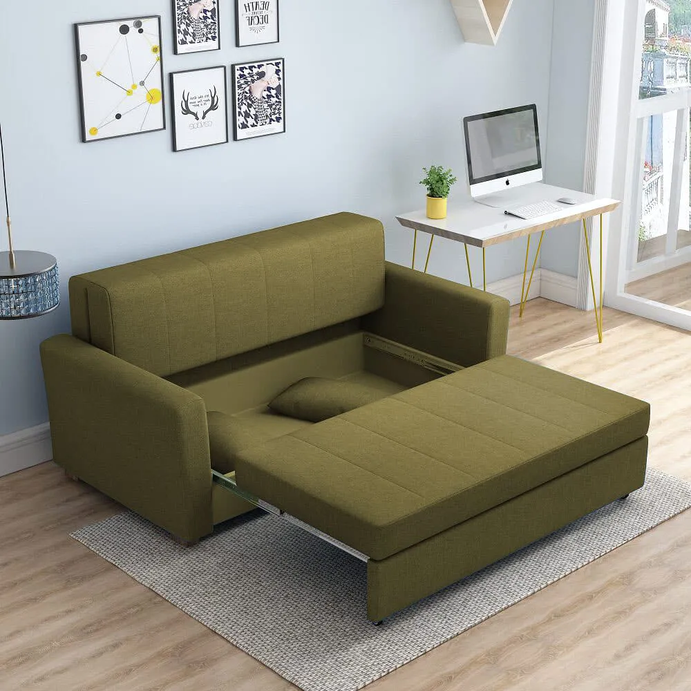 Bambillo Milano Sofa Bed with arms in olive fabric colour, showing seat pulled out to show hidden storage under seat and headrest in sofa position