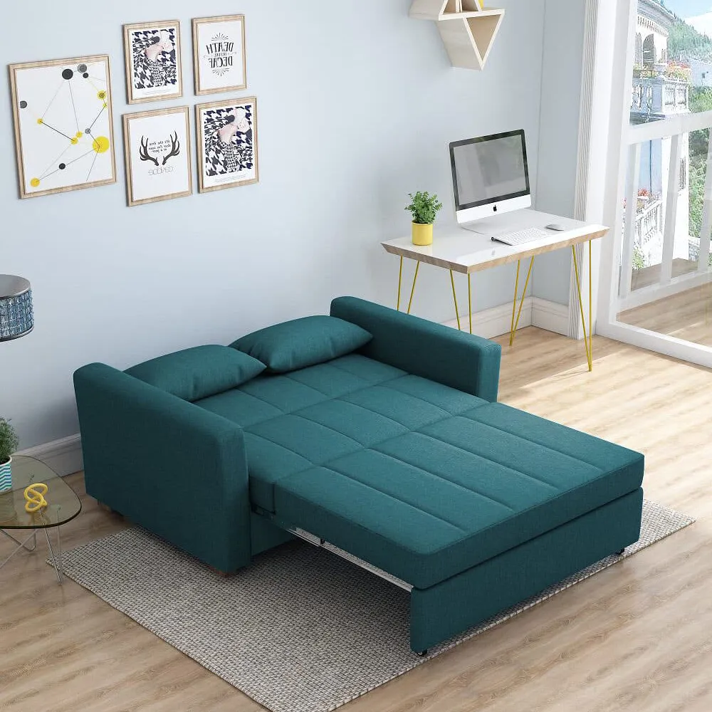 Bambillo Milano Sofa Bed with arms in teal fabric colour, showing bed configuration with headrest folded down