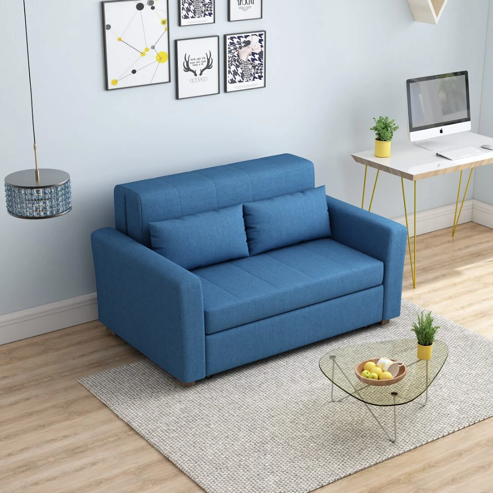 Bambillo Milano Sofa Bed with arms in navy blue fabric colour, showing sofa configuration with headrest in sofa position