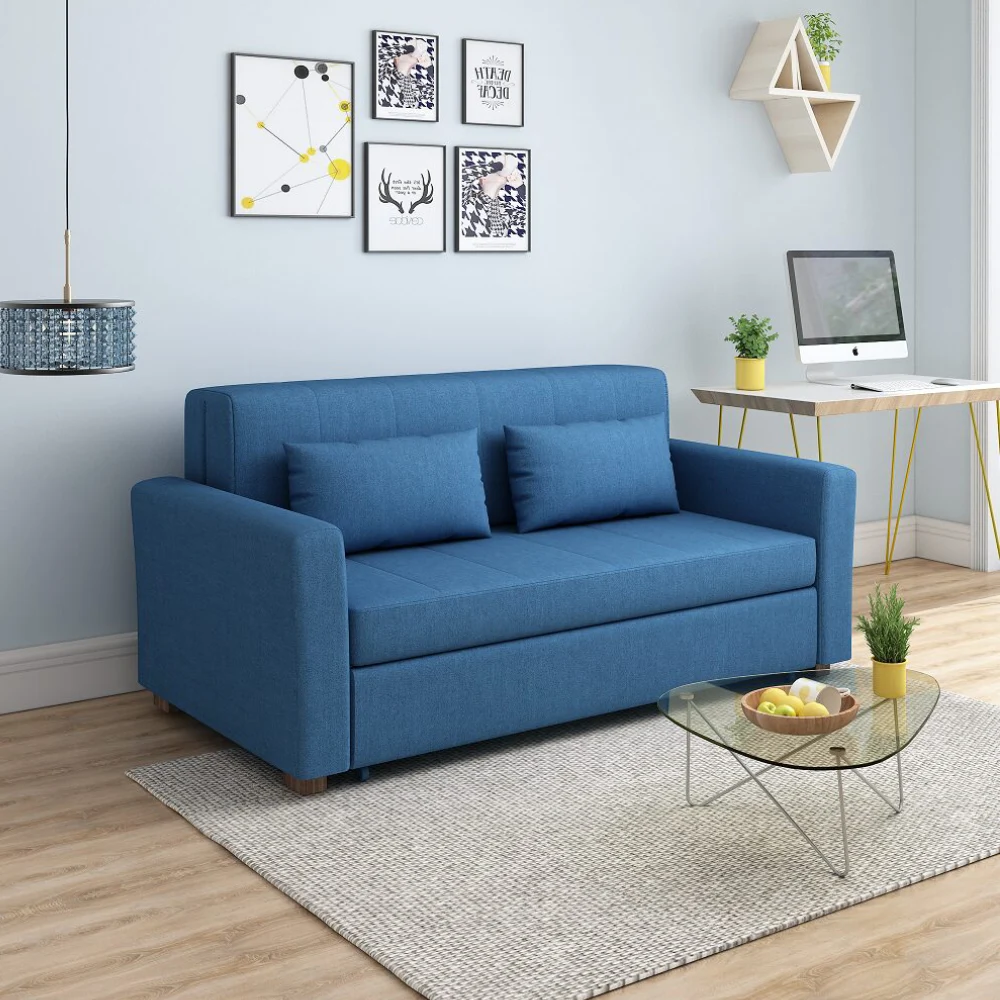 Bambillo Milano Sofa Bed with arms in navy blue fabric colour, showing sofa configuration with headrest in sofa position