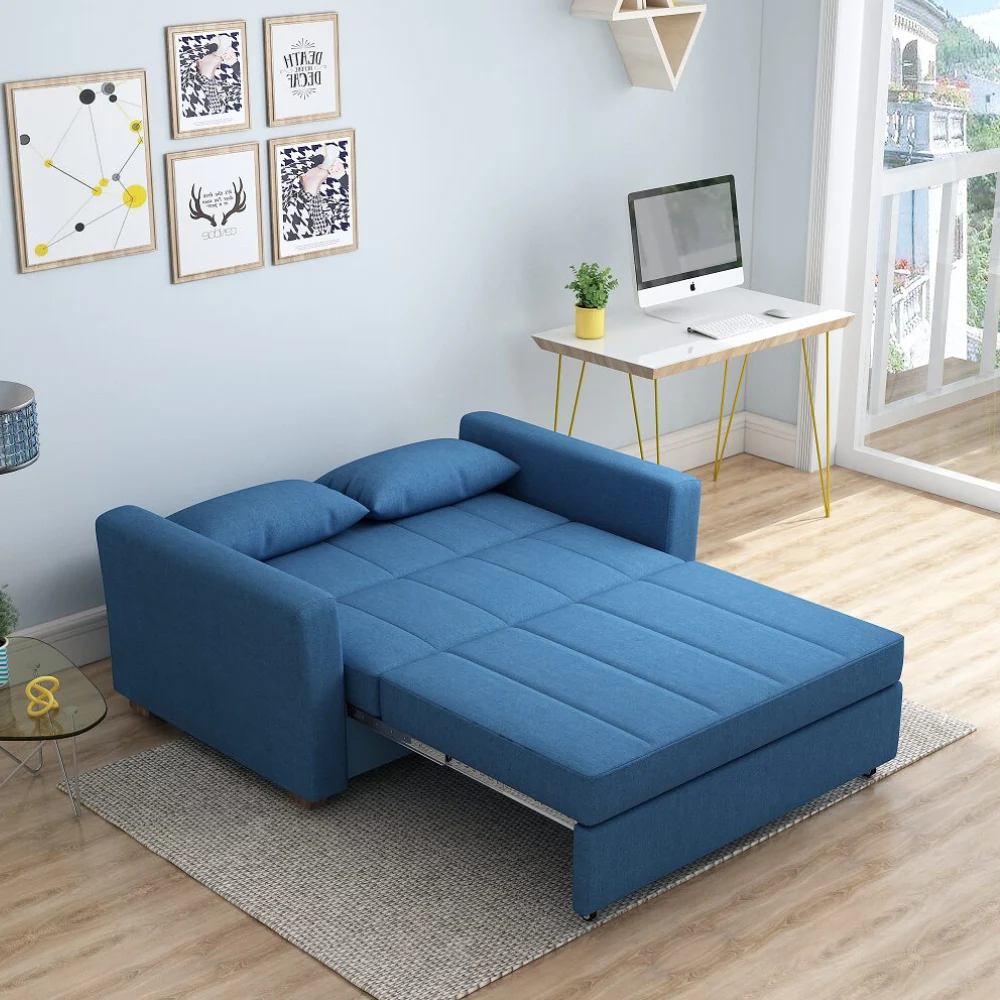 Bambillo Milano Sofa Bed with arms in navy blue fabric colour, showing bed configuration with headrest folded down