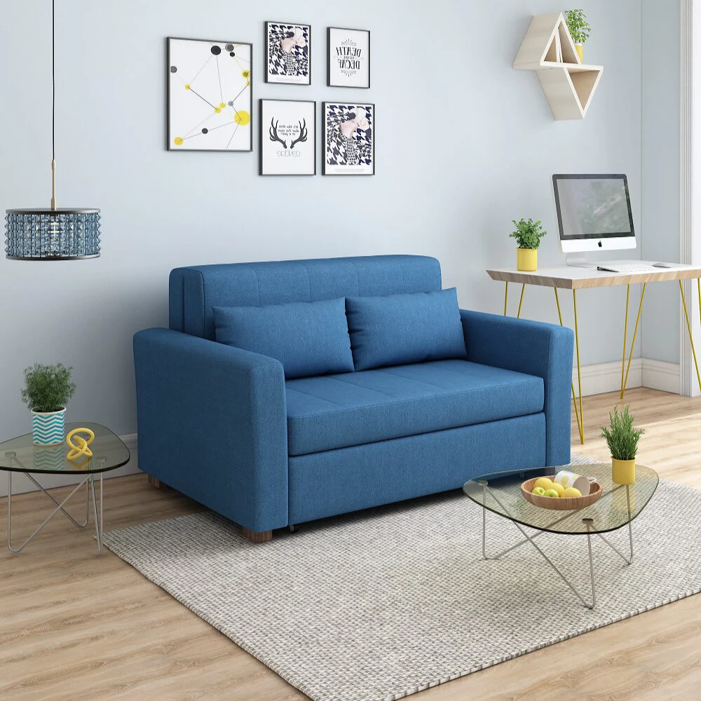 Bambillo Milano Sofa Bed with arms in navy blue fabric colour, showing sofa configuration with headrest in sofa position
