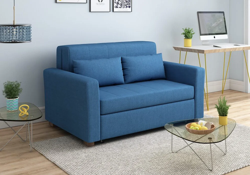 Bambillo Milano Sofa Bed with arms in navy blue fabric colour, showing sofa configuration with headrest in sofa position