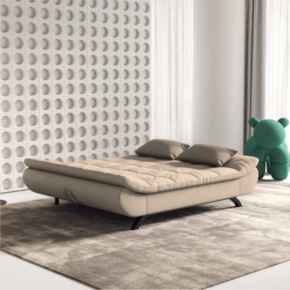 Bambillo Rio Click Back Sofa Bed in beige fabric colour, showing bed configuration with headrest folded down
