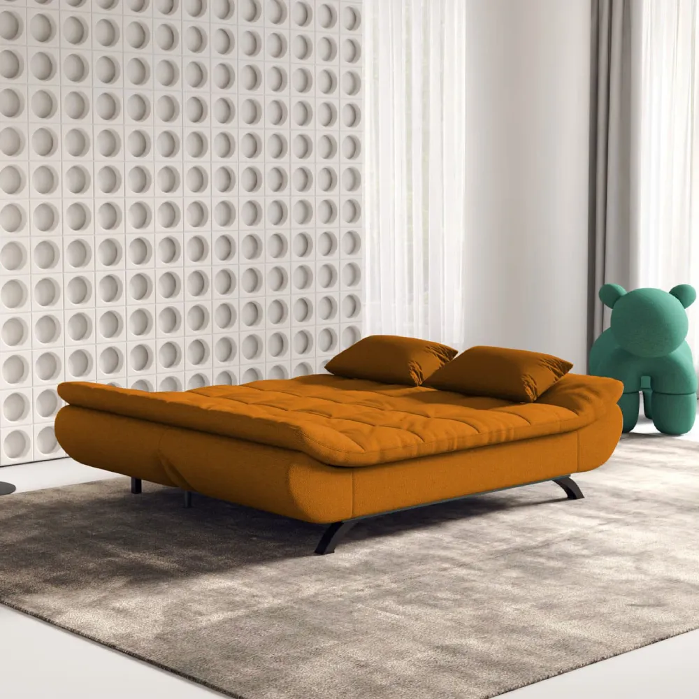 Bambillo Rio Click Back Sofa Bed in burnt orange fabric colour, showing bed configuration with headrest folded down