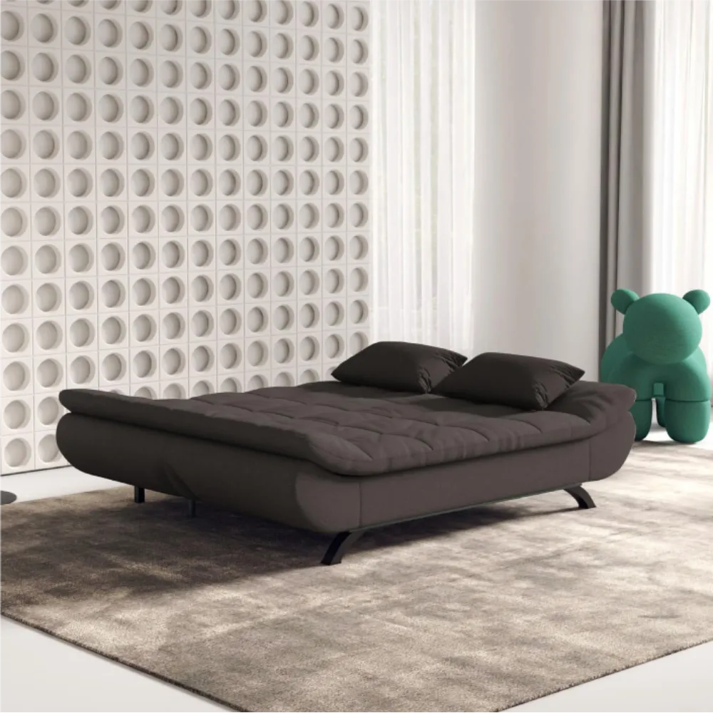 Bambillo Rio Click Back Sofa Bed in charcoal fabric colour, showing bed configuration with headrest folded down
