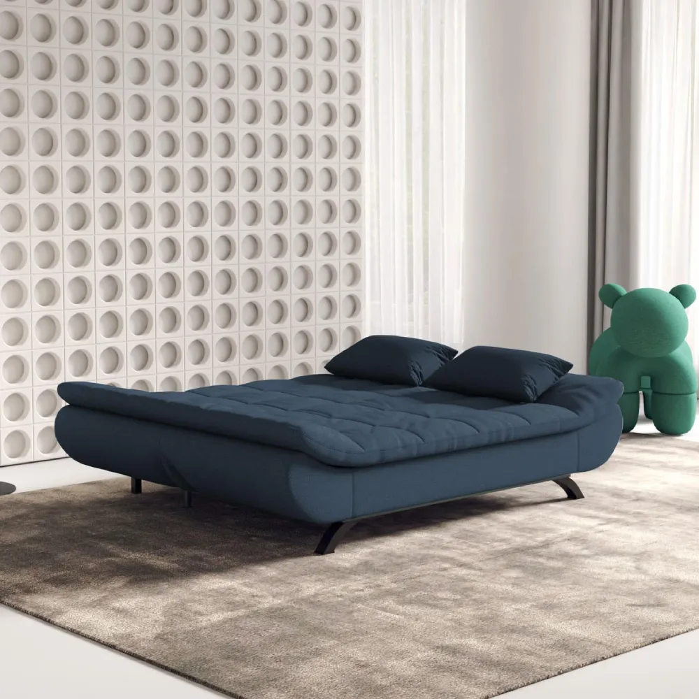 Bambillo Rio Click Back Sofa Bed in dark blue fabric colour, showing bed configuration with headrest folded down