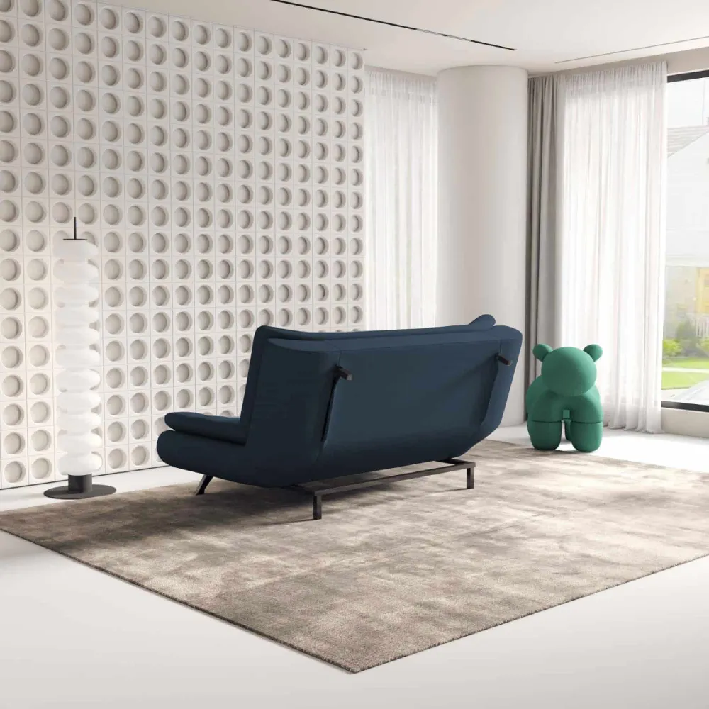 Bambillo Rio Click Back Sofa Bed in dark blue fabric colour, showing back of sofa in sofa configuration with backrest legs extended out