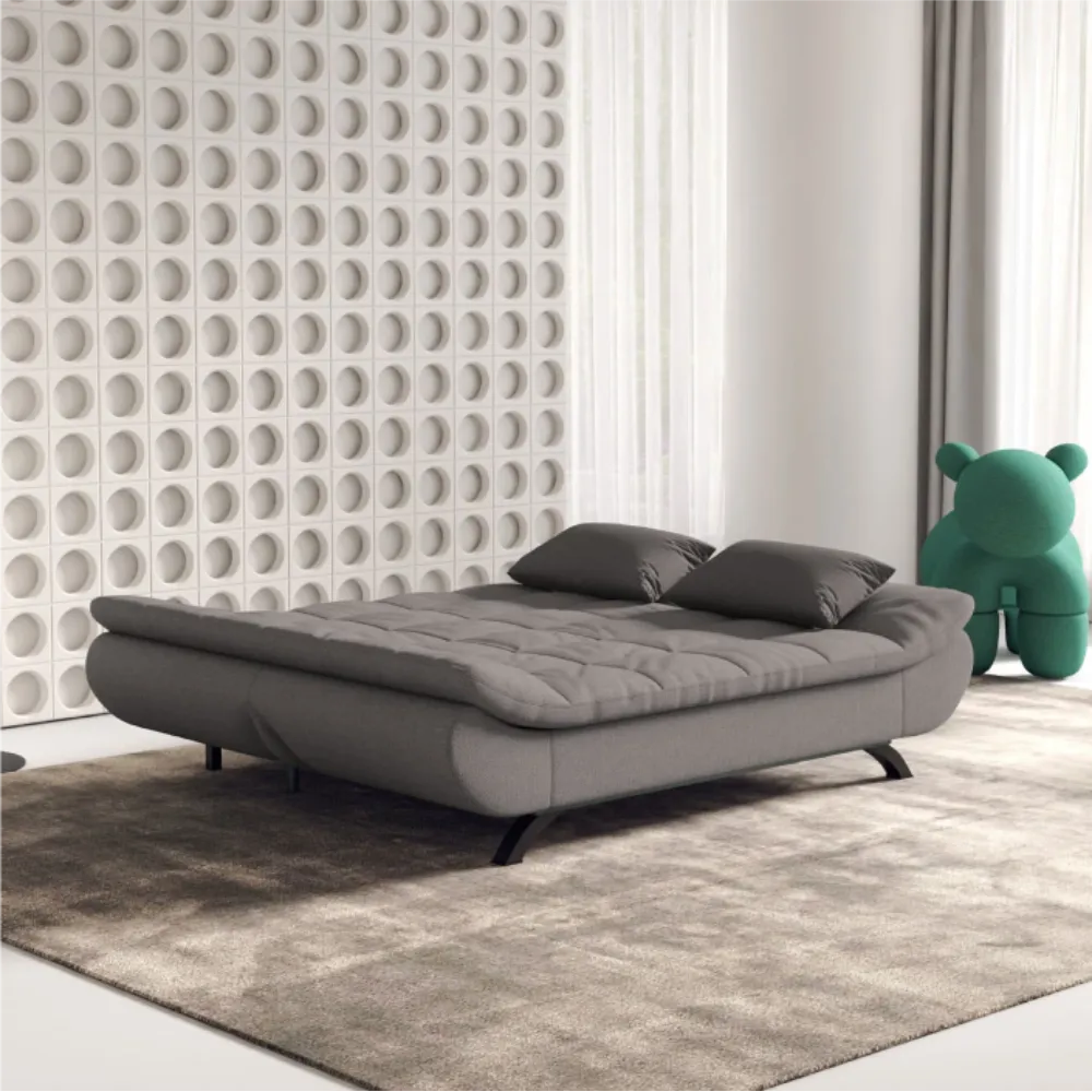 Bambillo Rio Click Back Sofa Bed in mid-dark grey fabric colour, showing bed configuration with headrest folded down