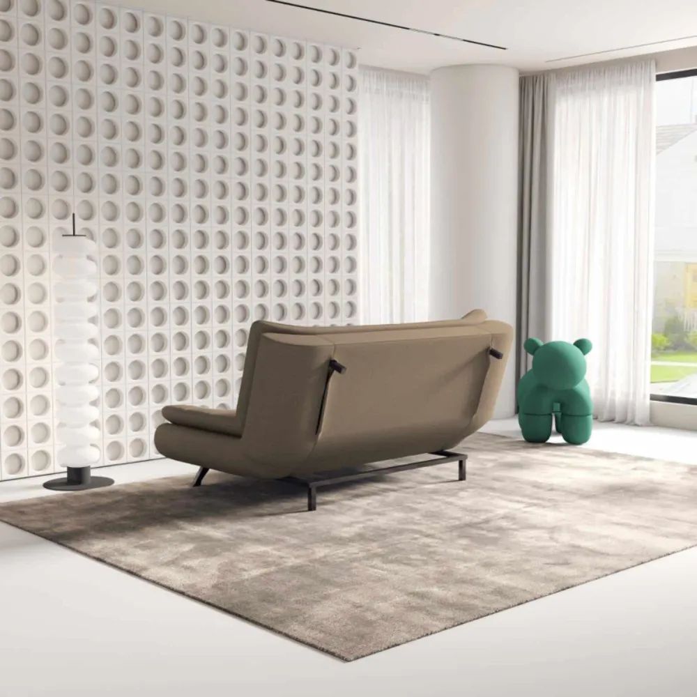 Bambillo Rio Click Back Sofa Bed in mocha brown fabric colour, showing back of sofa in sofa configuration with backrest legs extended out