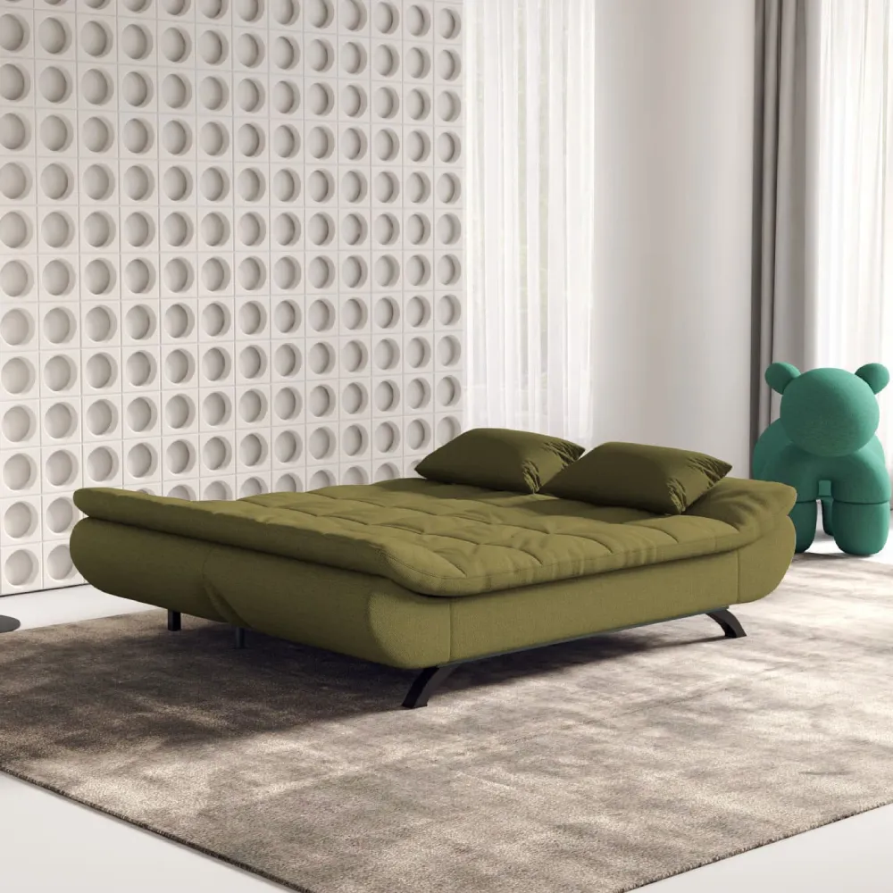 Bambillo Rio Click Back Sofa Bed in olive fabric colour, showing bed configuration with backrest folded down