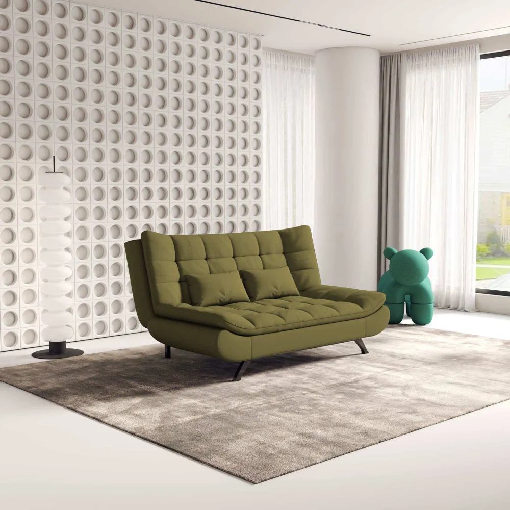 Bambillo Rio Click Back Sofa Bed in olive fabric colour, showing sofa configuration with headrest in sofa position