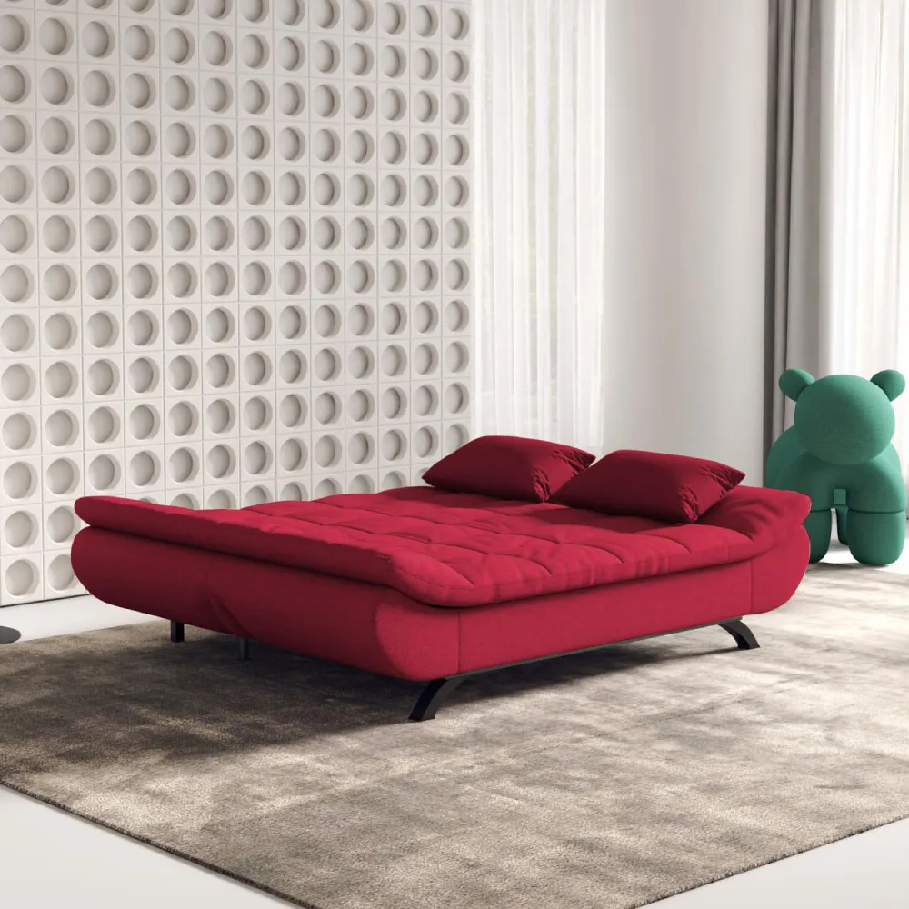 Bambillo Rio Click Back Sofa Bed in red fabric colour, showing bed configuration with backrest folded down