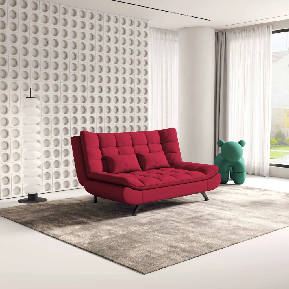Bambillo Rio Click Back Sofa Bed in red fabric colour, showing sofa configuration with headrest in sofa position