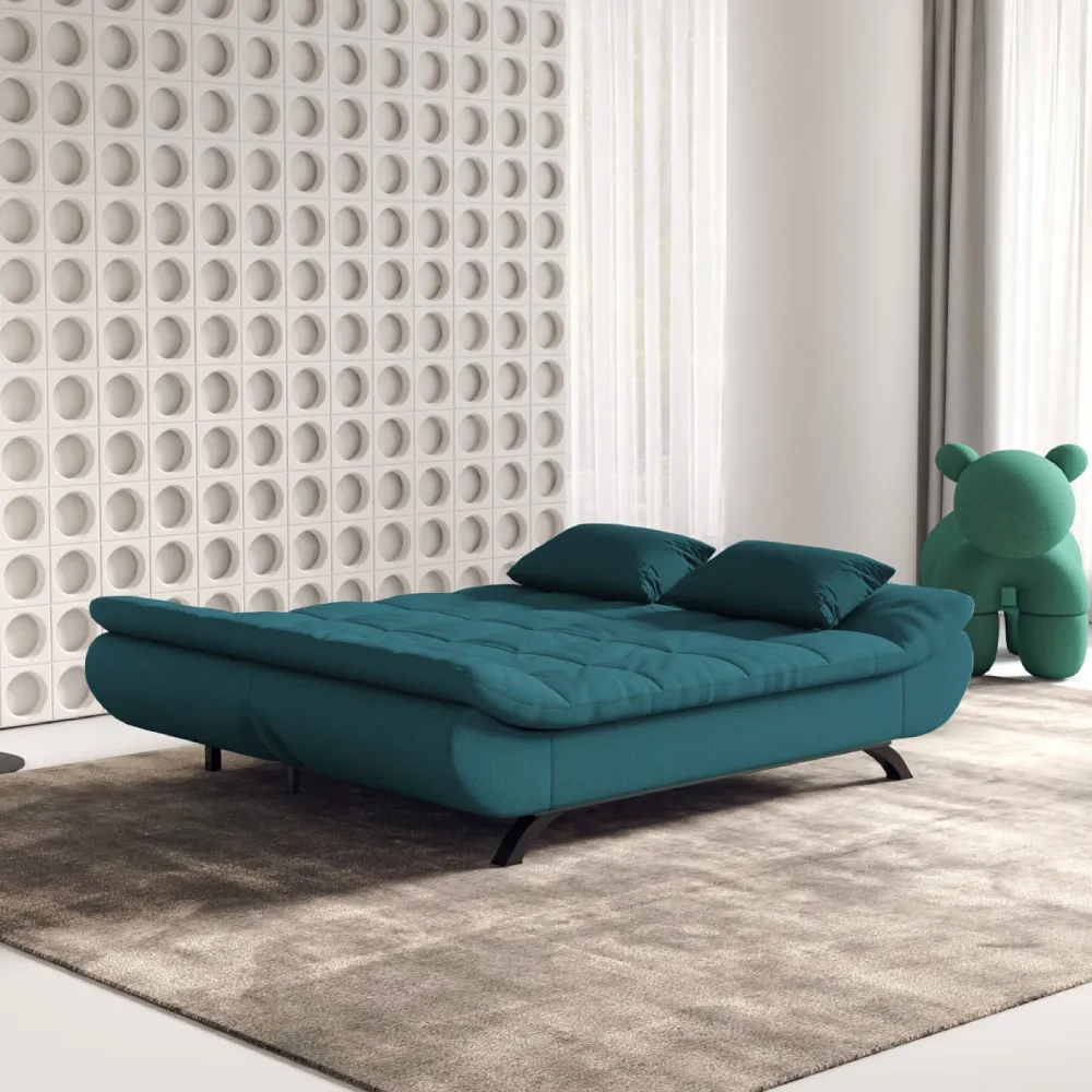 Bambillo Rio Click Back Sofa Bed in teal fabric colour, showing bed configuration with headrest folded down