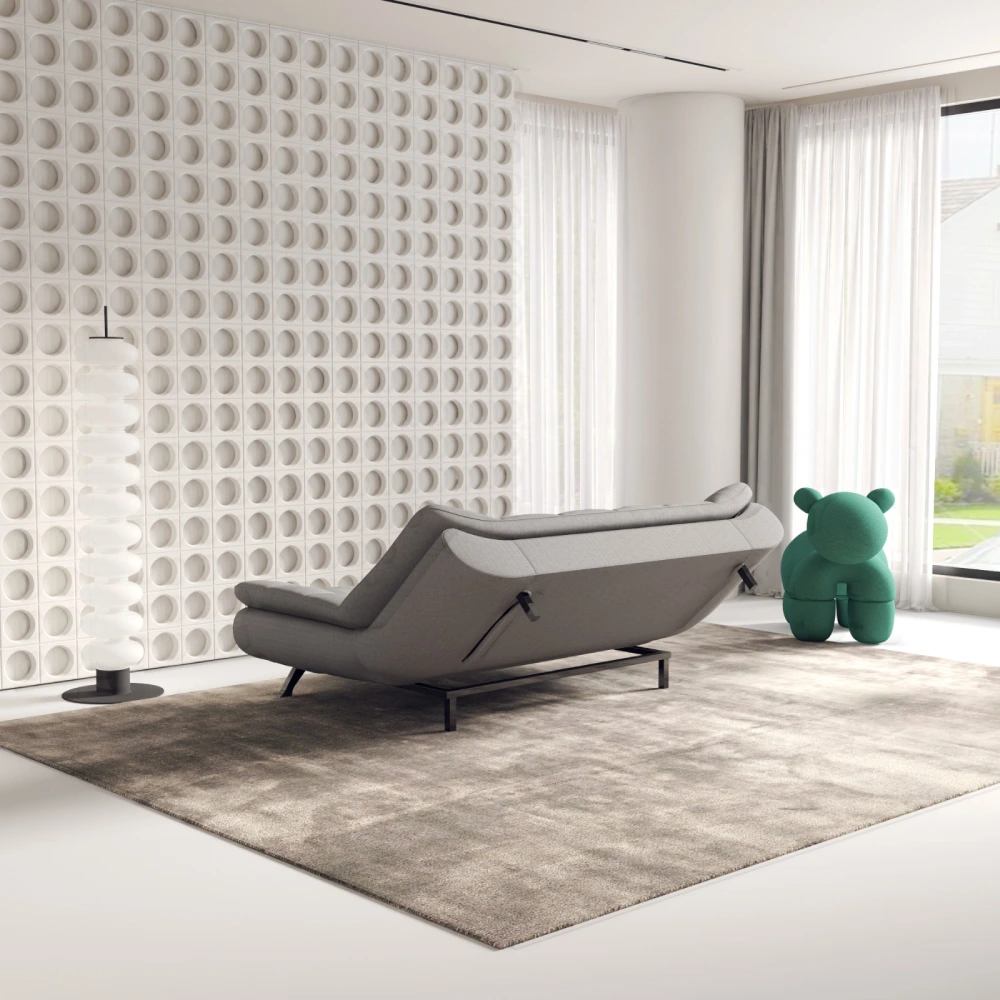 Bambillo Rio Click Back Sofa Bed in marl grey fabric colour, showing back of sofa in semi-reclined sofa configuration with backrest legs extended out