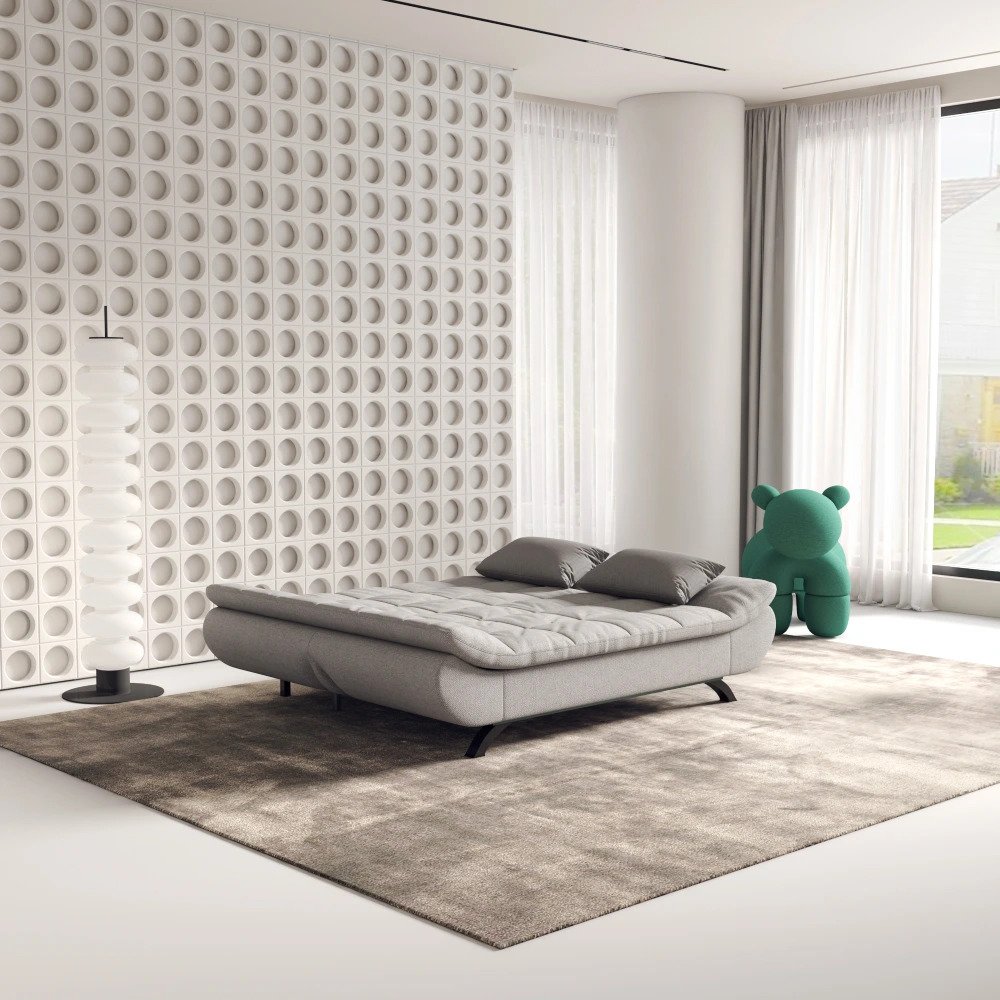 Bambillo Rio Click Back Sofa Bed in marl grey fabric colour, showing bed configuration with headrest folded down