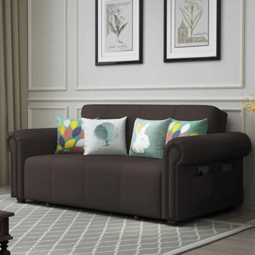Bambillo Roma Sofa Bed with rolled arms in charcoal fabric colour, showing sofa configuration with headrest in sofa position