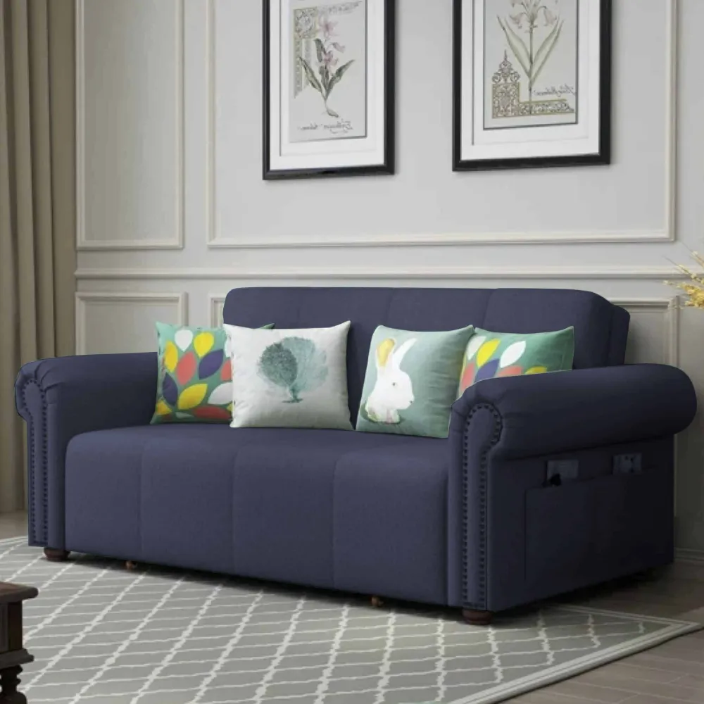 Bambillo Roma Sofa Bed with rolled arms in denim fabric colour, showing sofa configuration with headrest in sofa position