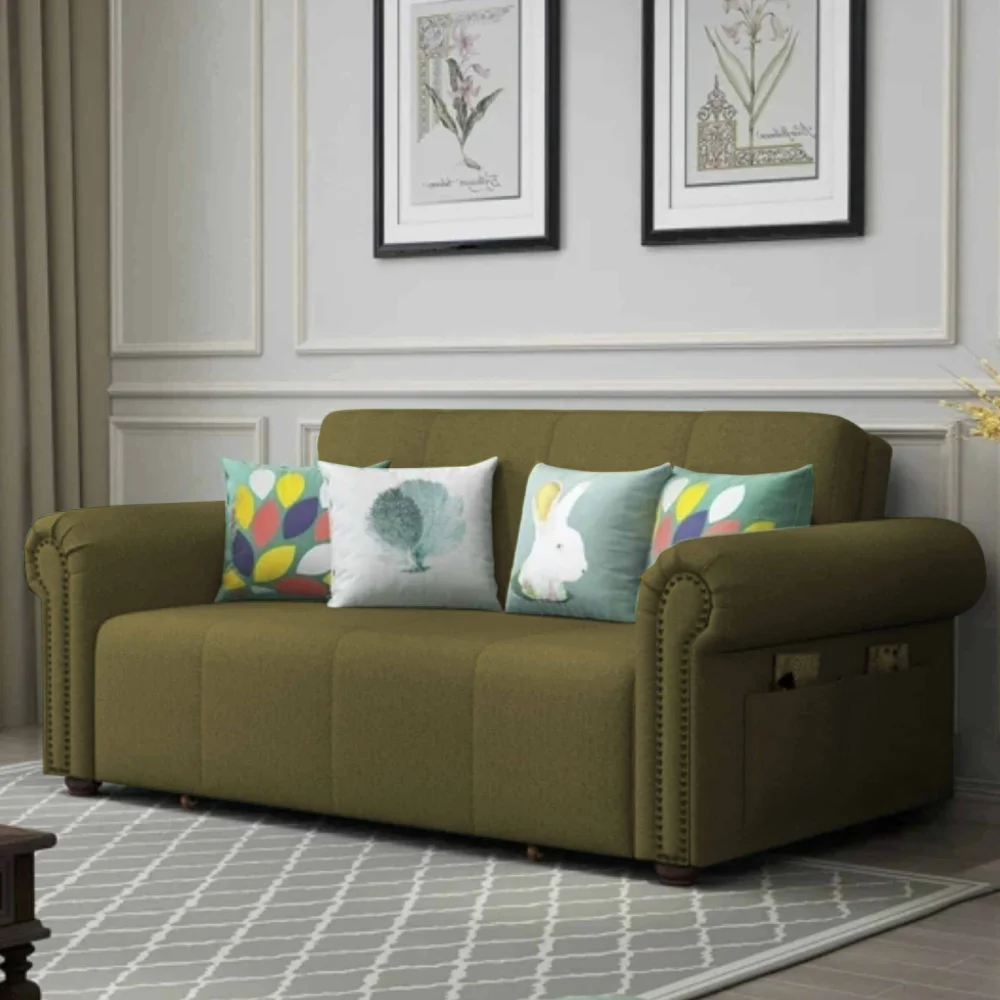 Bambillo Roma Sofa Bed with rolled arms in olive fabric colour, showing sofa configuration with headrest in sofa position