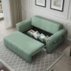 Bambillo Roma Sofa Bed with rolled arms in sage fabric colour, showing seat pulled out to show hidden storage under seat and headrest in sofa position