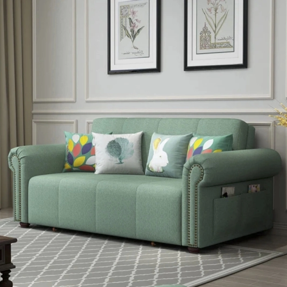Bambillo Roma Sofa Bed with rolled arms in sage fabric colour, showing sofa configuration with headrest in sofa position