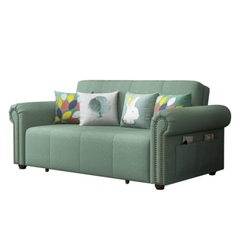 Bambillo Roma Sofa Bed with rolled arms in sage fabric colour, on an angle showing sofa configuration and with decorative pillows