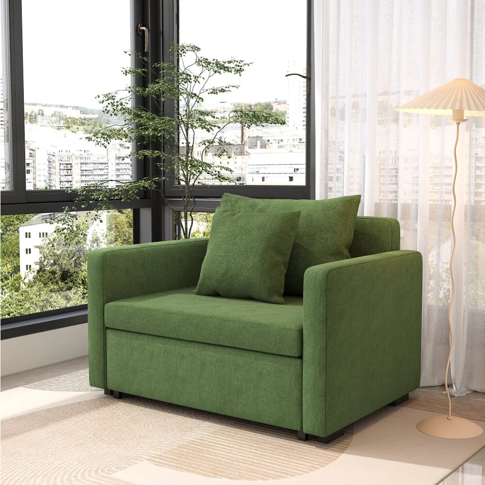 Bambillo Siena Sofa Bed in leaf green fabric, showing sofa configuration from a side angle viewpoint