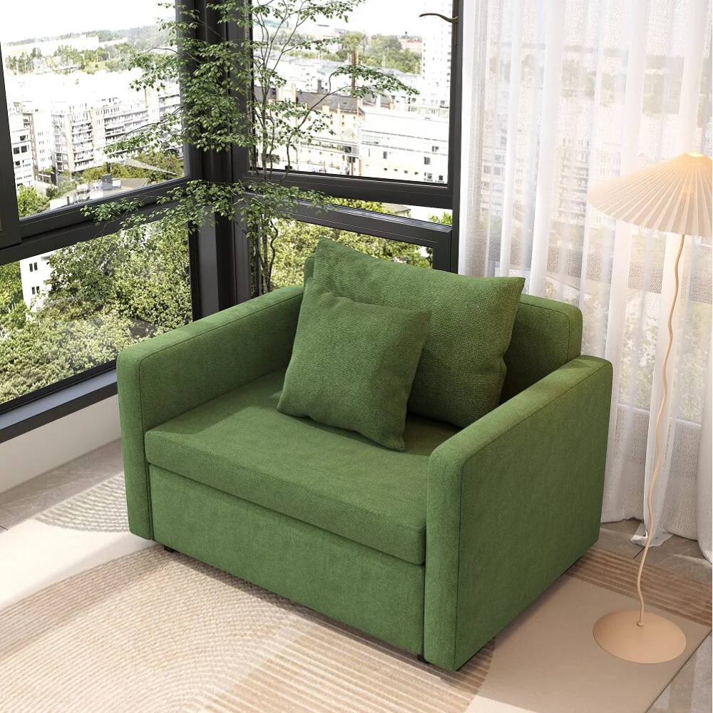 Bambillo Siena Sofa Bed in leaf green fabric, showing seat configuration from a side angle viewpoint